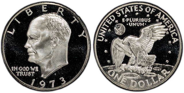 1973-S silver dollar comparison: standard proof obverse vs FS-101 DDO showing doubling on IN GOD WE TRUST