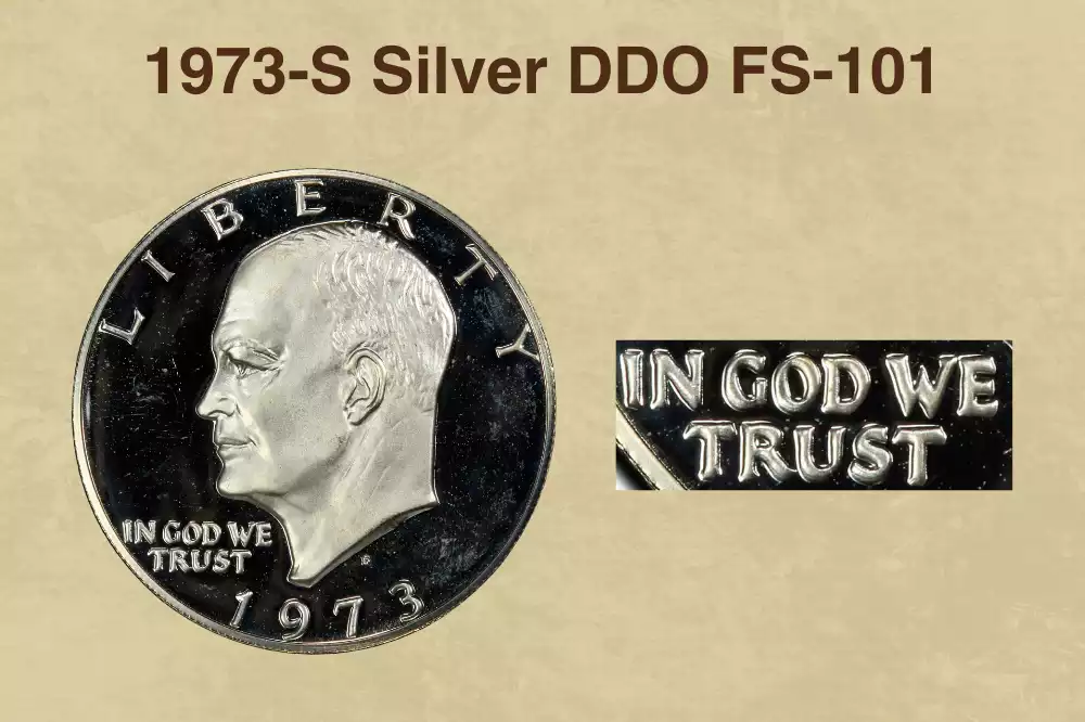 1973-S silver proof DDO FS-101 close-up showing doubling on IN GOD WE TRUST