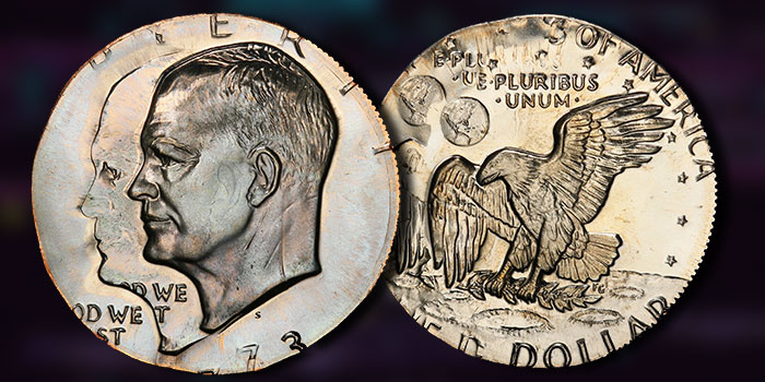 1973-S Eisenhower dollar double-struck on Kennedy half dollar planchet showing overlapping Eisenhower portraits
